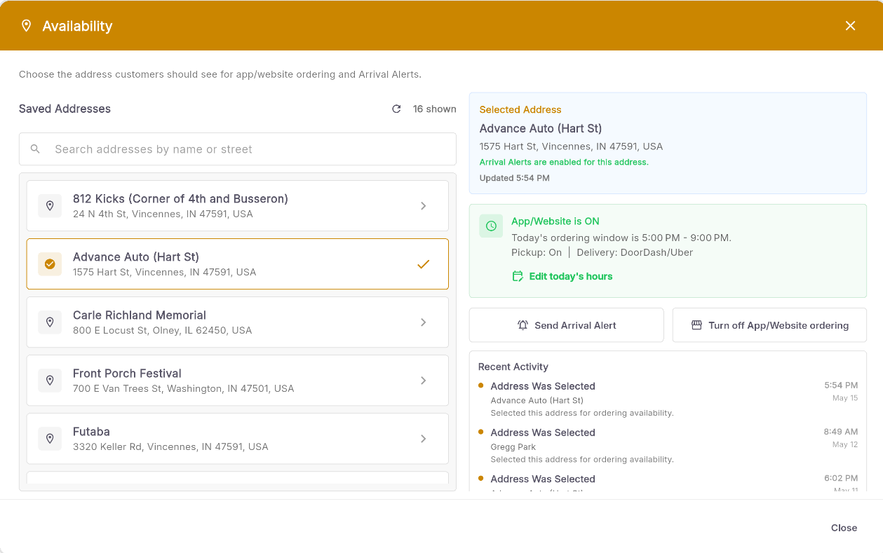 SimonPOS availability and arrival alerts screen